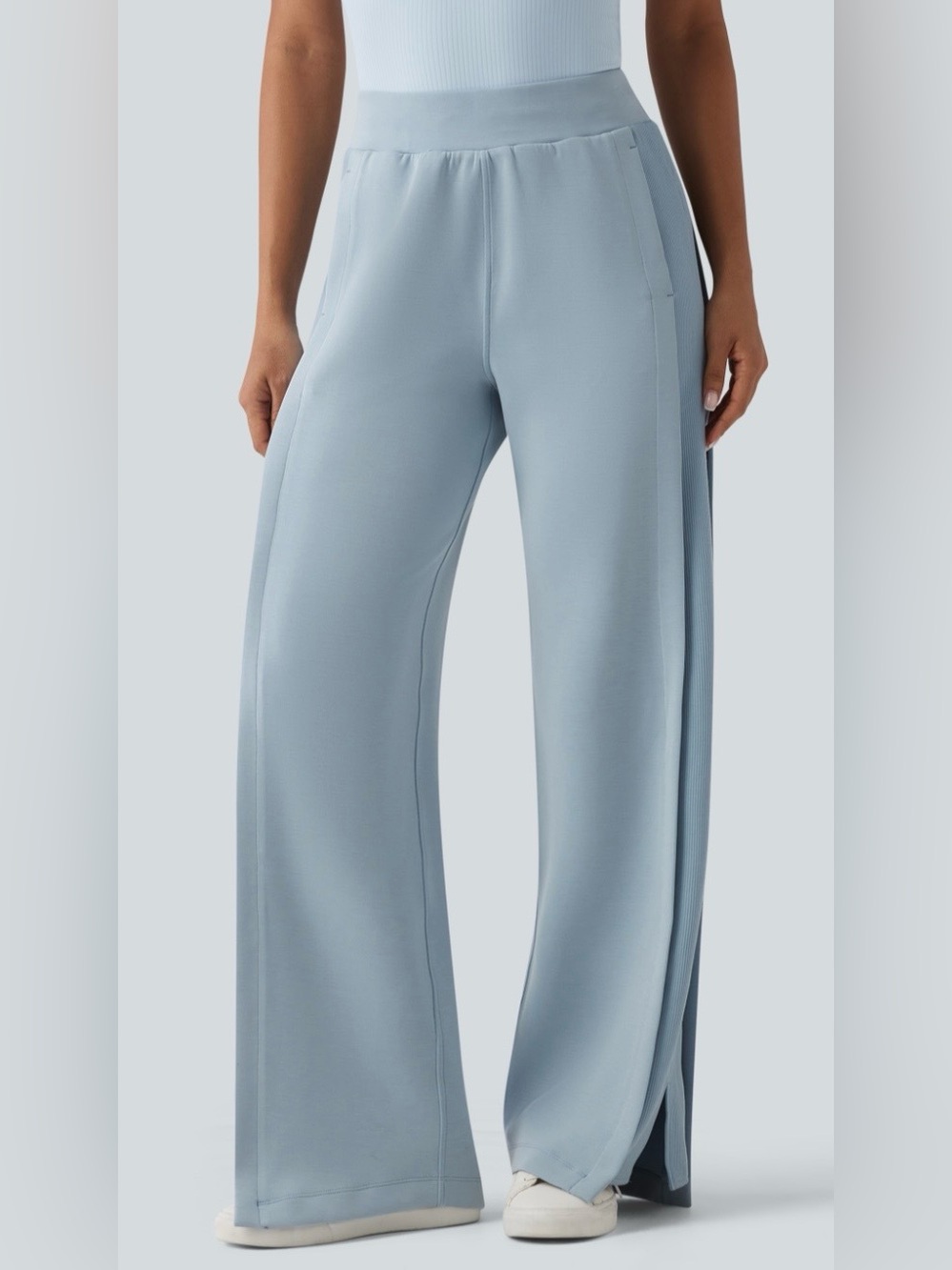 HALARA High Waisted Drawstring Contrast Ribbed Split Casual Wide Leg Pants